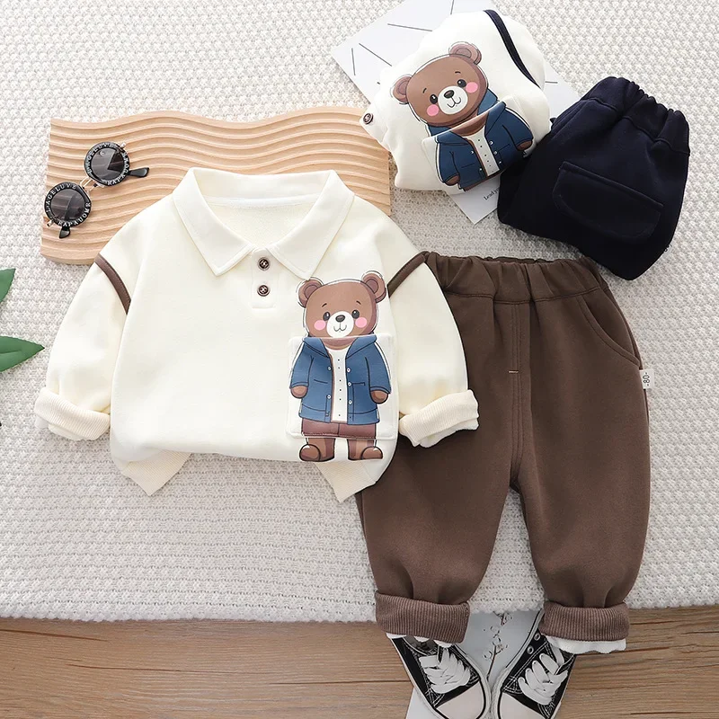 

Autumn Winter Children Boy 2PCS Clothes Set Cartoon Bear Turn Down Collar Sweatshirt Fleece Pant Kids Boy Suits Baby Boy Outfits
