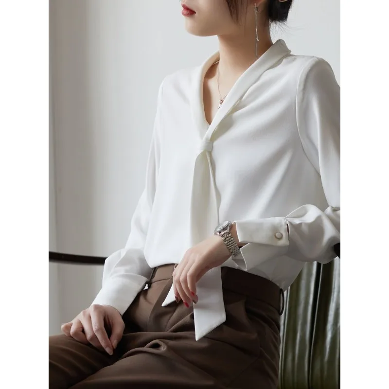 QWEEK White Satin V Neck Blouses Woman Office Ladies Basic Shirt Female Summer Old Money Style Loose Casual Chic Aesthetic 2024