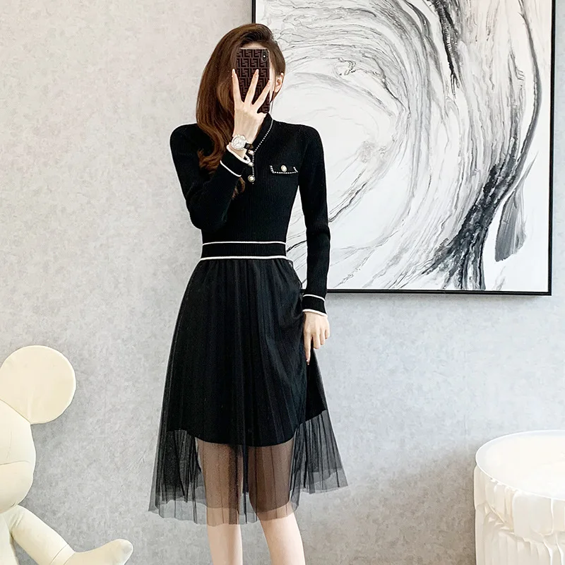 

#1018 Autumn Black Knitted Sweater Dress Women V-neck Buttons Pockets High Waisted False Two Piece Office Knitwear Spliced Mesh