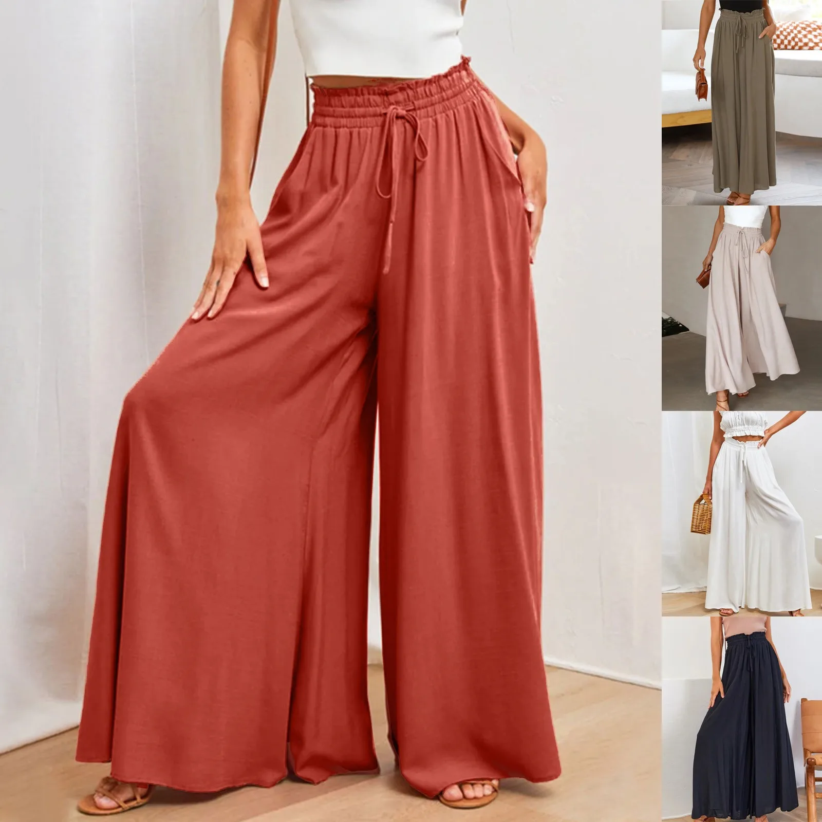 

Women's Solid Color Trousers Elastic Belt Wide Leg High Waist Long Culottes pantalones de mujer женские брюки 숙녀 바지 2023