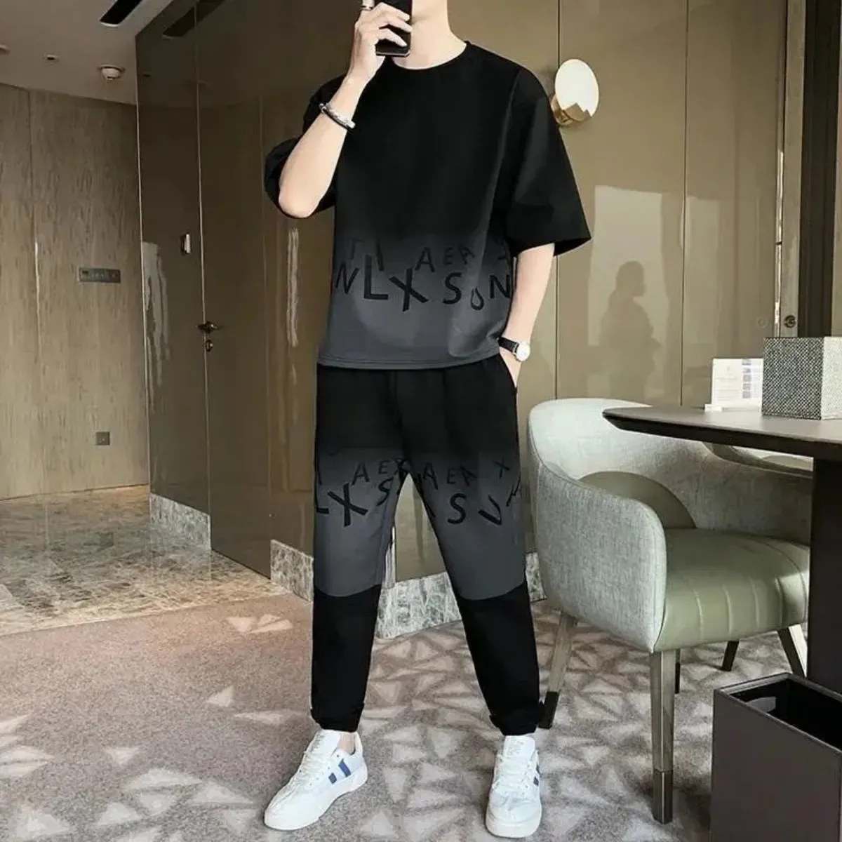 Summer men's gradient letter print pattern breathable round neck T-shirt pants set outdoor casual two-piece set Sbdd38f663af0438b9139042d87fbfab9J