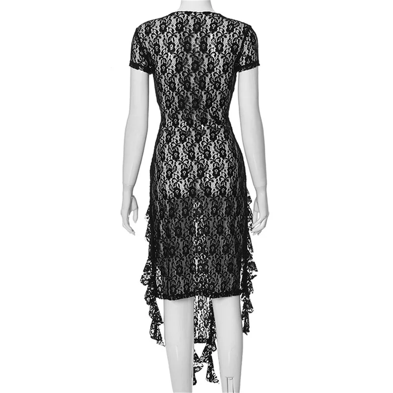 y2k Dress Women Sexy See Through Floral Lace Round Neck Asymmetrical Hem Bodycon Midi Dress Evening Party Dresses _