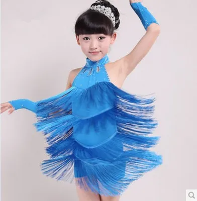 

Kids Girls Latin Dance Practice Outfit Tiered Tassels Leotard Halter Backless Lace-up Fringe Bodysuit with Gloves Salsa Ballroom