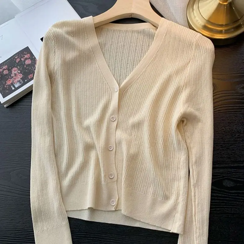 

Single Breasted Thin Knit Cardigan Women's Long Sleeve V-Neck Button Slim Cropped Ribbed Solid Color Stretch Tops Knitwear L92