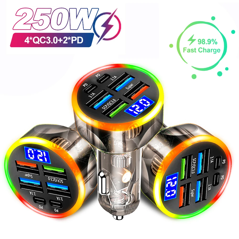 200W MINI Car Charger with Digital Display 6 Ports Fast Charging PD QC3.0 USB Quick Charging Adapter for iPhone Samsung Xiaomi