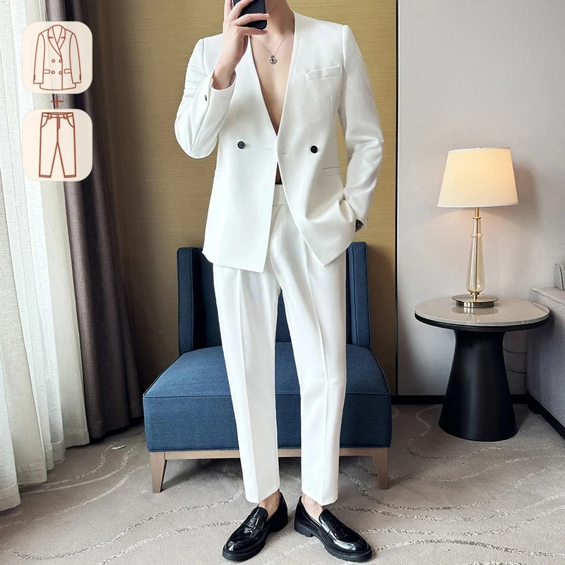 

ZX132Two-Piece Suit ~ Fashion Seamless V-neck Design Sense Trendy Handsome Thin Suit