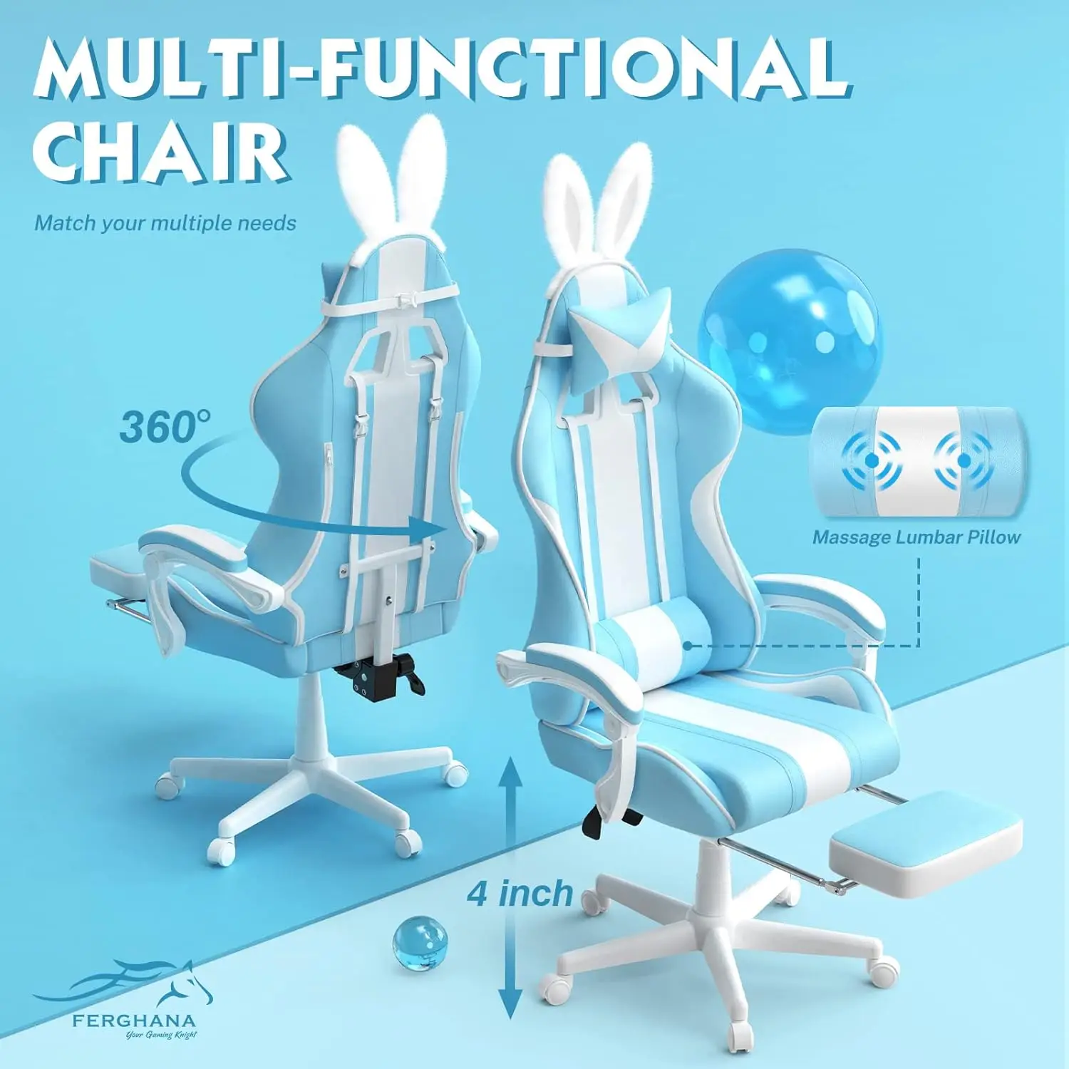 Kawaii Light Blue Gaming Chair with Bunny Ears, Cute Ergonomic Gamer Chair with Footrest and Massage, Racing Reclining Leather C 2