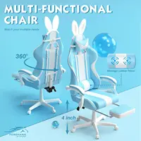 Kawaii Light Blue Gaming Chair with Bunny Ears, Cute Ergonomic Gamer Chair with Footrest and Massage, Racing Reclining Leather C 2