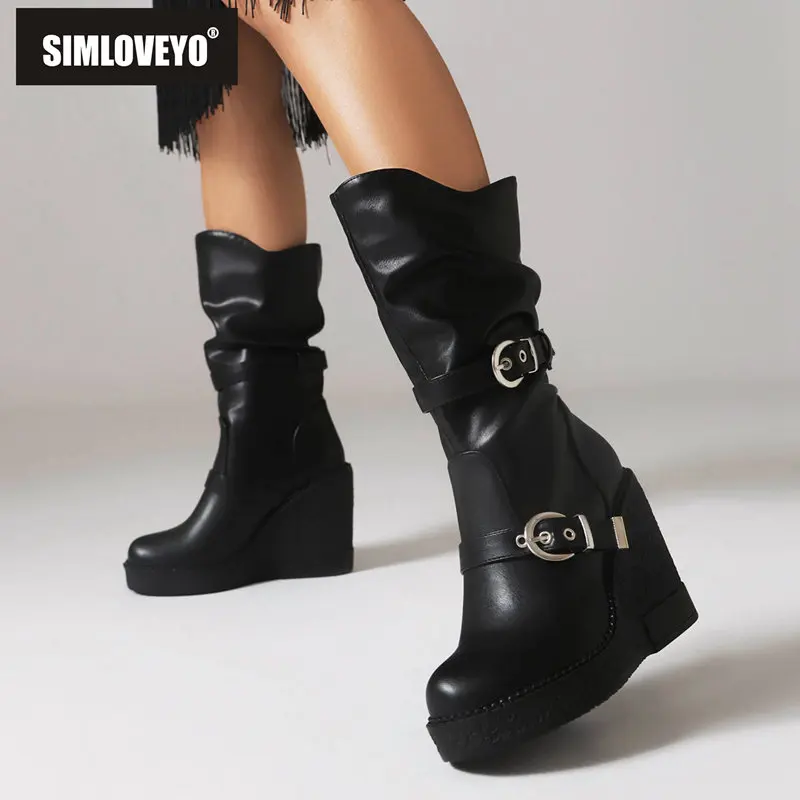 

SIMLOVEYO Fashion Women Booty Round Toe Slip On Wedges 11cm Platform 2.5cm Buckles Metal Decoration Punk Boots Big Size 42 43 44