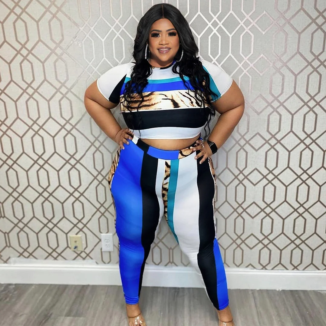 

Plus Size Women Two-piece Sets Fashion Short-sleeved Tops Pants Two-piece Suit Positioning Print Casual Large Size Female Outfit