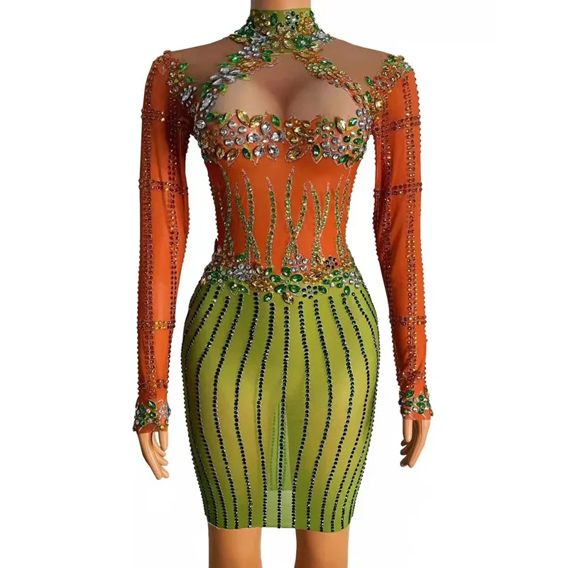 

Women Singer Evening Party Celebration Transparent Dresses Flashing Crystal Mesh Bodycon Short Dress Birthday Prom Stage Costume