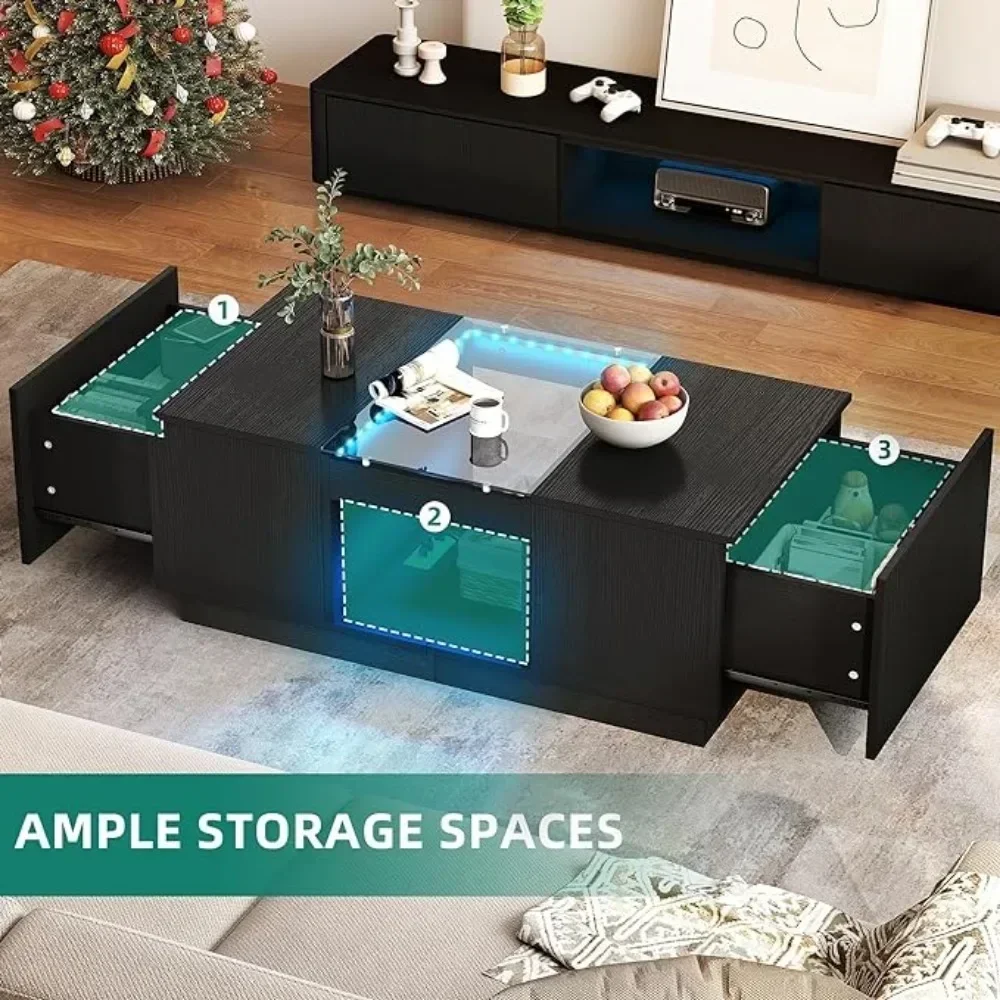 Coffee Table for Living Room,Coffee Table with Storage with LED Lights, 2 Tiers and 2 Drawers,Living Room Center Tables Black