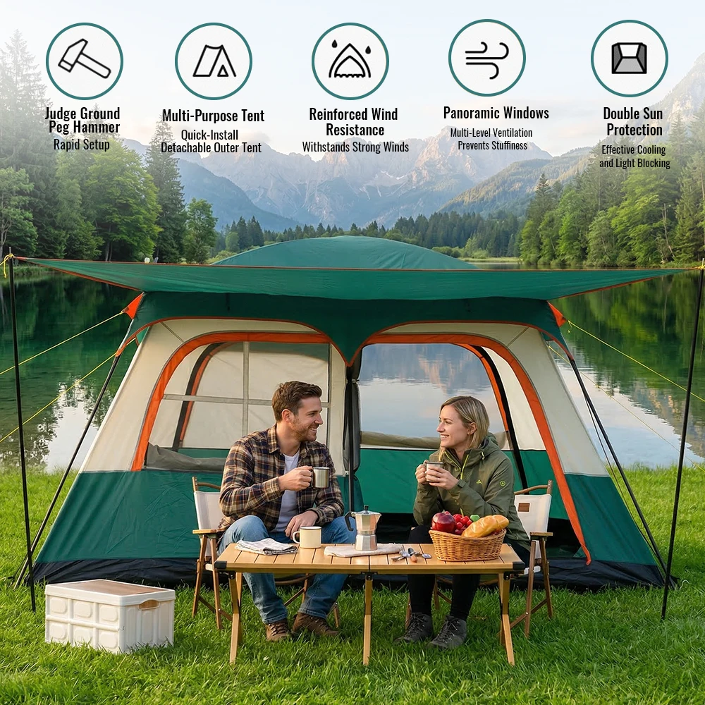 Grote kampeertent voor 4-6 personen, gezin, wandelen, twee slaapkamers en één woonkamer, waterdicht, outdoor backpacking uitrusting 5