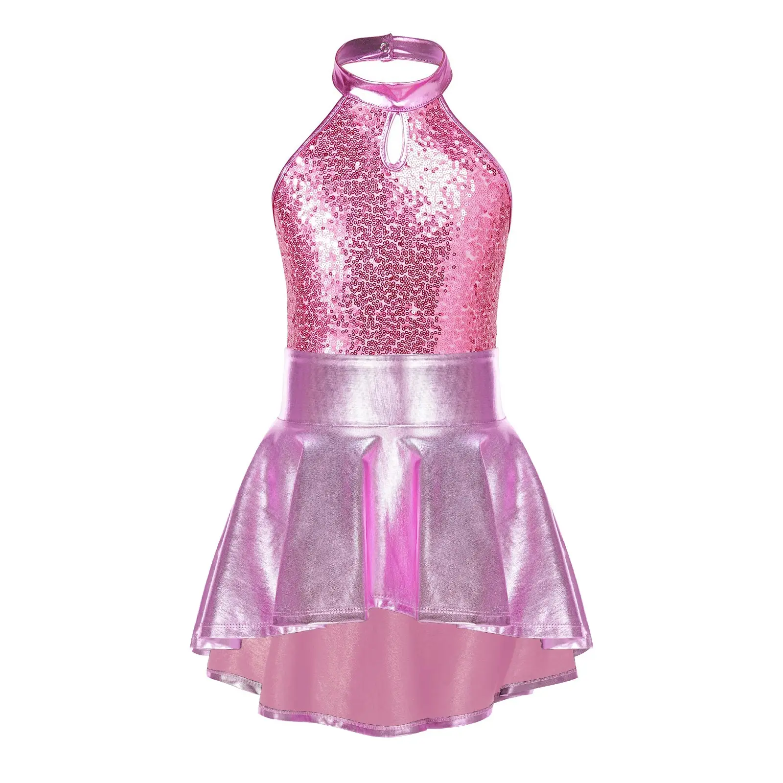 

2pcs Kids Girls Halter Sparkling Sequins Decorated Patchwork Leotard with Ruffle Irregular Hem Skirt for Dance Stage Performance