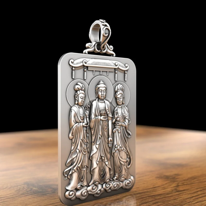 BOCAI S999 Sterling Silver Pendants for Women Men New Fashion The Three Sages Tathagata Avalokitesvara Mahasthamaprapta Jewelry