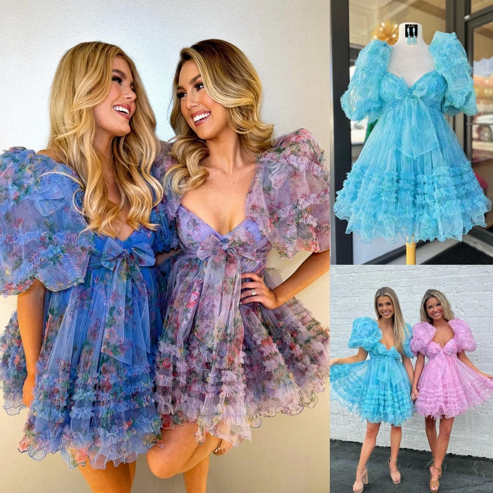 Stampa Floreale Homecoming Dress 2 K23 Bow Short Hoco Ruffed Ballon Sleeves Drama Graduation Cocktail Party Wedding Guest Holiday