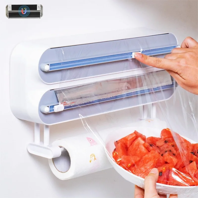Cling Wrap Dispenser Wall Film Dispenser Magnetic Plastic Wrap Cutter Refillable Aluminum Tin Foil Organizer Food Cling Wrap Film Boxes Kitchen Tool