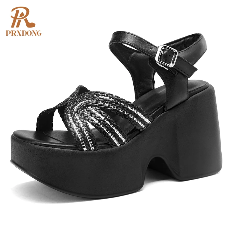 

PRXDONG Women sandals 2024 New Brand Summer Crystal Black WHite High Heels Thick Platform Dress Party Wedding Female Shoes 34-39