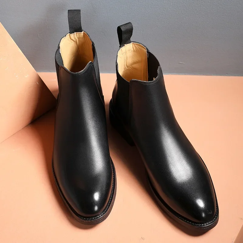 thumbnail image 1 of Botas de cuero genuino para Hombre, Botas cortas Chelsea de estilo británico a la moda para Hombre, Botas hasta el tobillo con plataforma informales, Botas de vestir para Hombre, 1 of 4