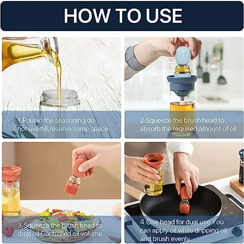 Kitchen oil bottle silicone brush oil container with brush suitable for kitchen cooking pancake baking barbecue utensils oil brush silicone basting brush oil bottle brush