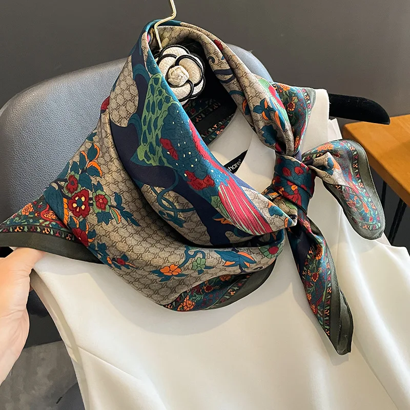 New 100% Nature Silk Square Scarf for Women Retro Floral Print Neckerchief Hairband Foulard Lady Kerchief Bag Ribbons Headband 2