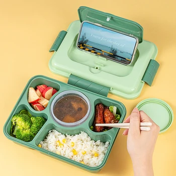 Boîte à lunch à cinq grilles avec bol à soupe, bento étanche, ustensiles de cuisine pour étudiants, enfants, employés de bureau 1
