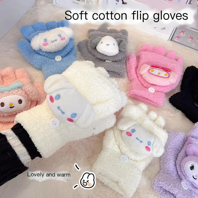 Minisoed Sanrioed Mymelody Kuromi Cartoon Plush Gloves Ins Girl Heart Kawaii Cold-Proof Warm Flip Five-Finger Gloves Holidaygift the cold heart nose the dwarf