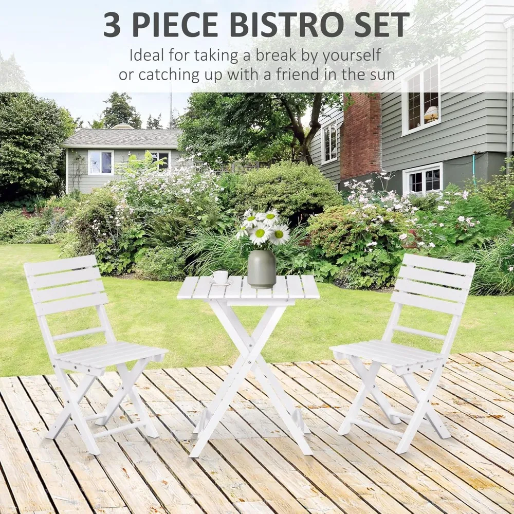 3 Piece Bistro Set, Wood Folding Outdoor Furniture with Table & Chairs for Backyard & Balcony, Square, White 2