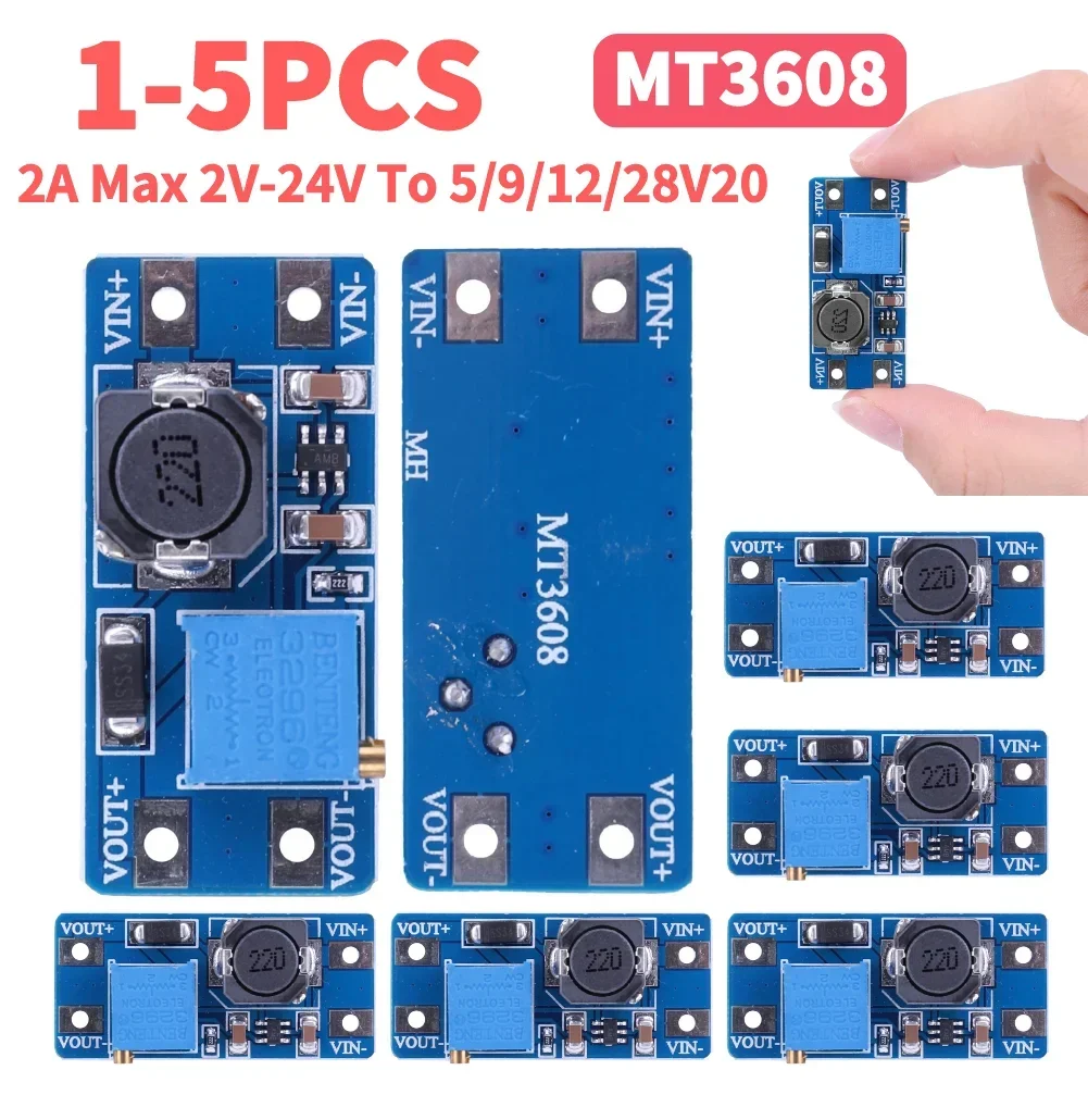 1-5pcs 부스터 전원 공급 장치 모듈 MT3608 DC-DC 스텝 업 보드 조정 가능 2A 최대 2V-24V  5V 9V 12V 28V 마이크로 USB 입력