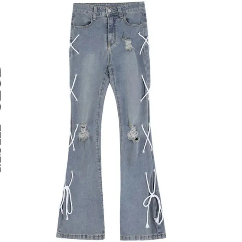 Y2k Style String Brandage Leg Flare Jeans Women Streetwear Slim Bottom