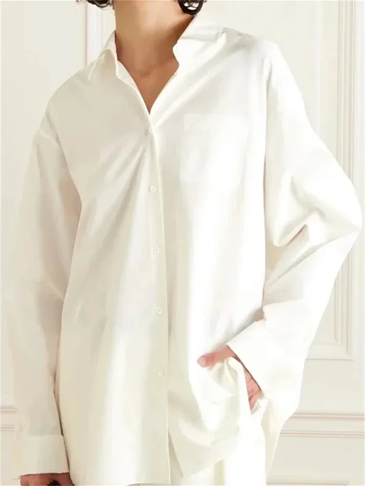 

Women's Shirt 2024 New Spring Silhouette One Pocket Single Breasted Turn-down Collar Solid Color Loose Casual Long Sleeve Blouse