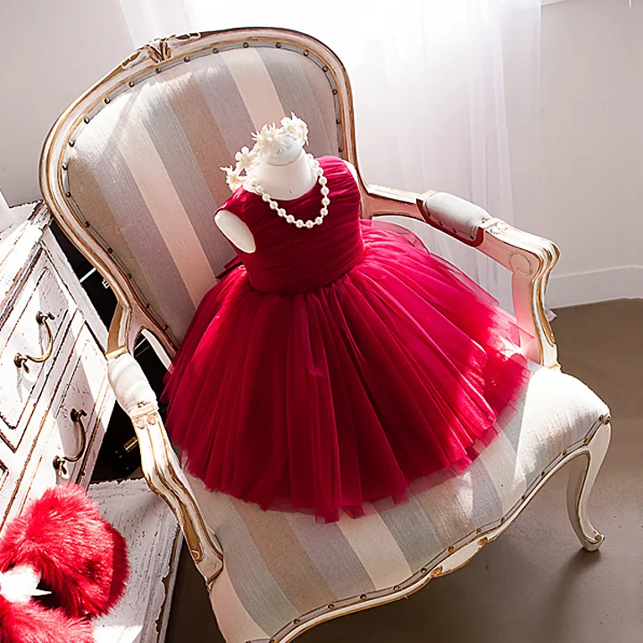 

2023 New Children's Evening Gown Bow Design Spanish Vintage Girls Birthday Baptism Party Christmas Red Dresses For Eid