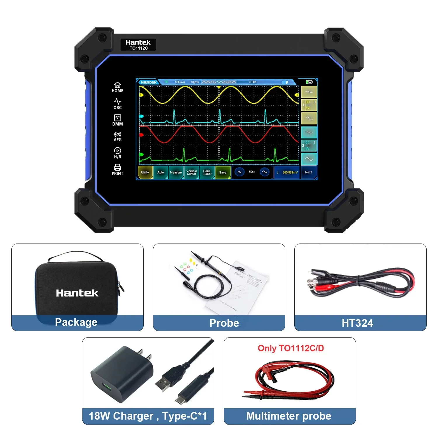Digital Multimeter Digital Oscilloscope Signal Generator Digital Tester Hantek Portable Handheld Touch Screen digital Oscilloscope 110Mhz 2-Channels + multimeter + Waveform Generator TO1112C TO1112D