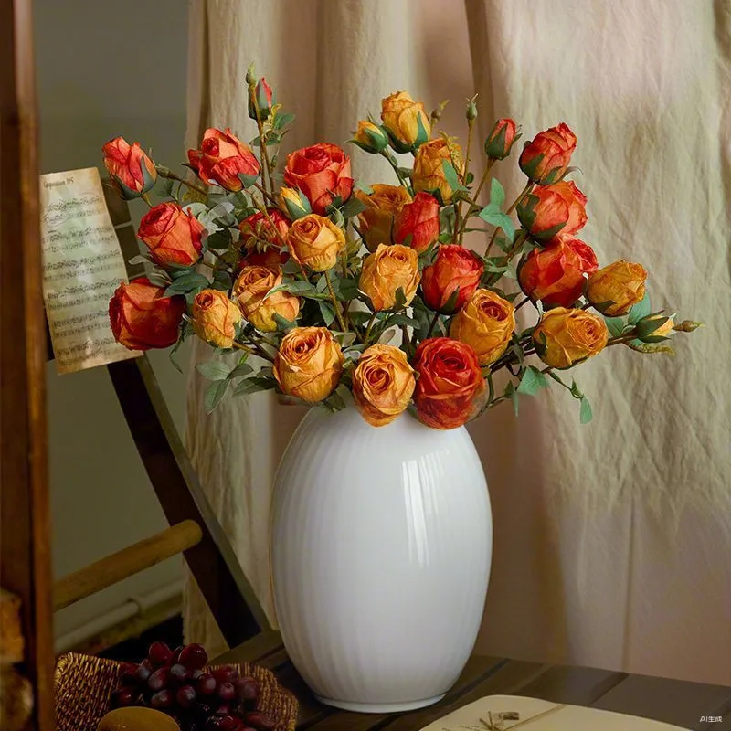 Vintage Burnt Edge Silk Rose Bouquet - Chic Artificial Flowers