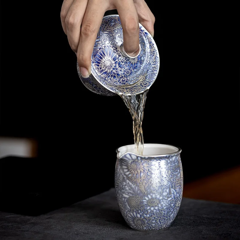160ML Ceramics Gilded Silver Sunflower Gaiwan Handmade Household Kung Fu Tea Set Tea Bowl Cup Tureen Pot Gift Box