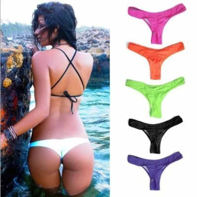 

New Fashion Ladies Thong Swim Trunks Multiple Colors Solid Color Pleated Thong Swimwear Women Bikini Swim Trunks Hot Sale