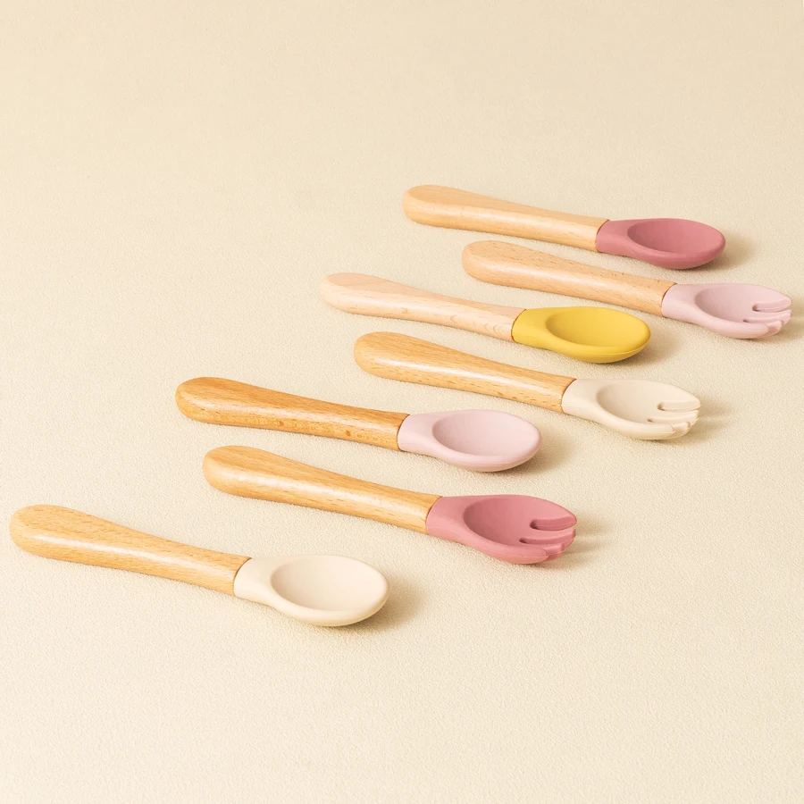2PCS Baby Learning Spoons Utensils Set Food Grade Wooden Handle Silicone Spoon Fork Cutlery Training Spoon Feeding Tableware 3