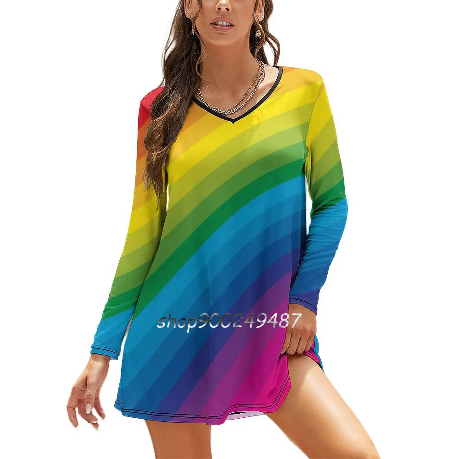 

Rainbow Women Casual High Waist Mini Dress Long Sleeve Dress Autumn New Fashion Dress Rainbow Colour Color S3Xyglass3S