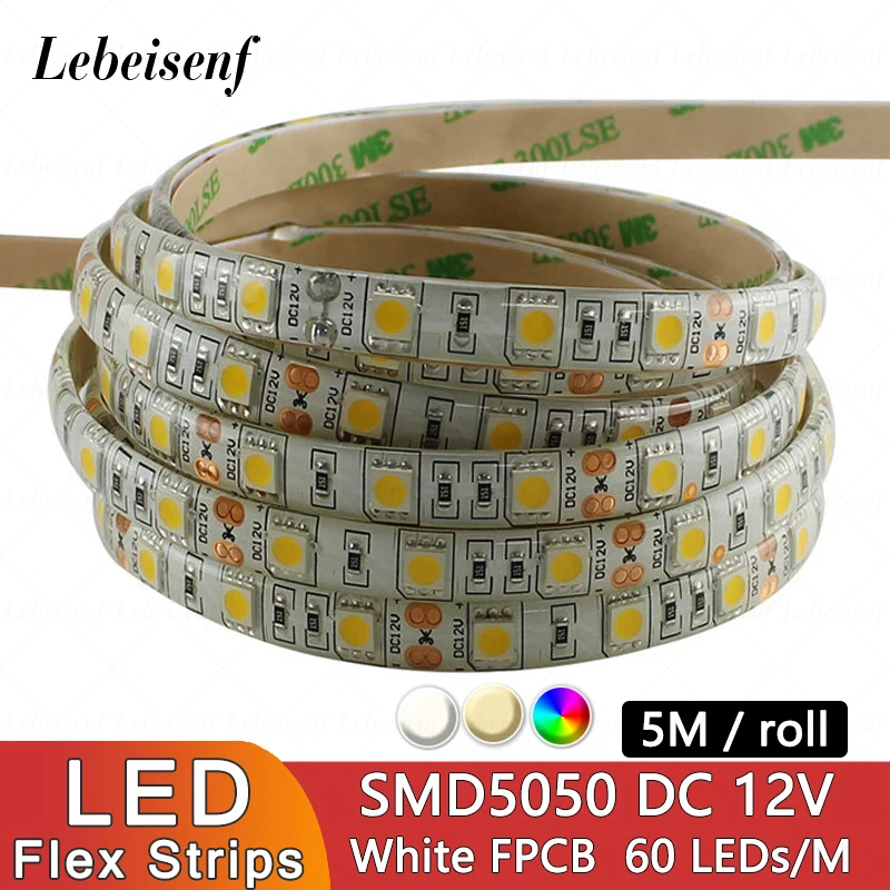 

5M Flexible RGB LED Strip Low Voltage DC12V High Brightness SMD 5050 60 LEDs/M Hotel Bedroom Home IP65 Waterproof Lighting Bar