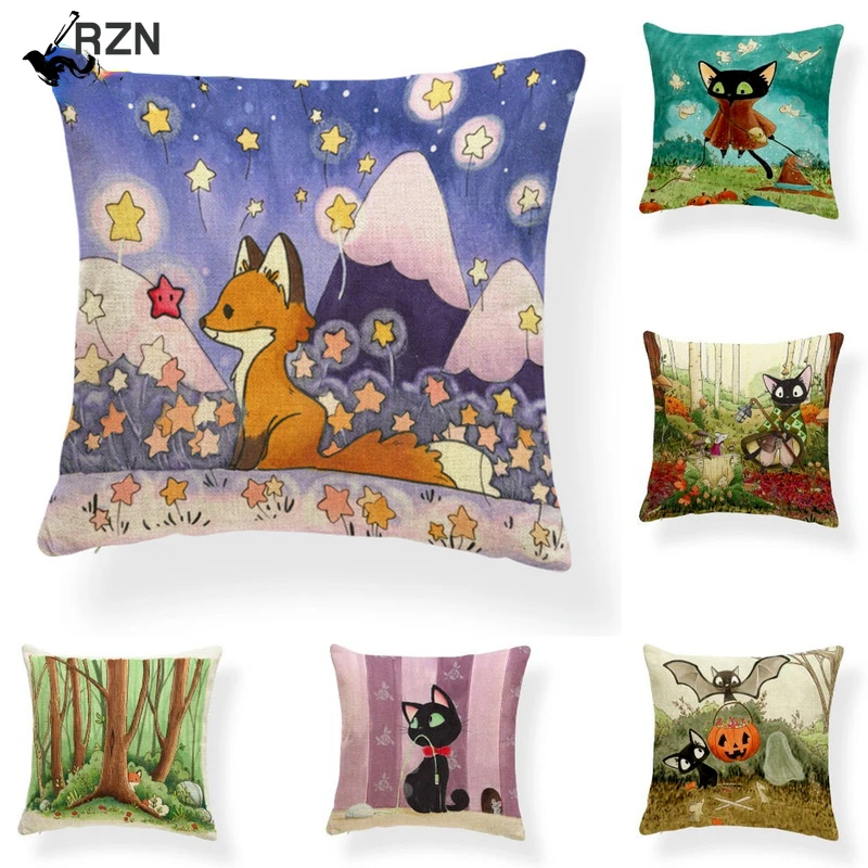 

Cartoon Creative Fox Cushion Cover Christmas Tree Pillow Case Animal Cat Mouse Retro Sofa Chair Home Decor Pillowcase 45x45cm