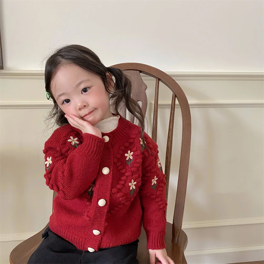 

Autumn Girls Sweaters New Korean Children Knitted Flower Cardigan Fashion Retro Baby Kids Winter Outerwear