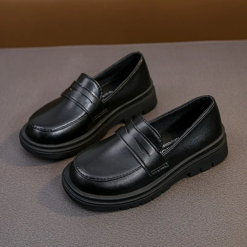 2023 Spring and Autumn New Boys Leather Shoes Children Britain Style Black Casual Shoes for Girls Performance Slip-on Loafers 5