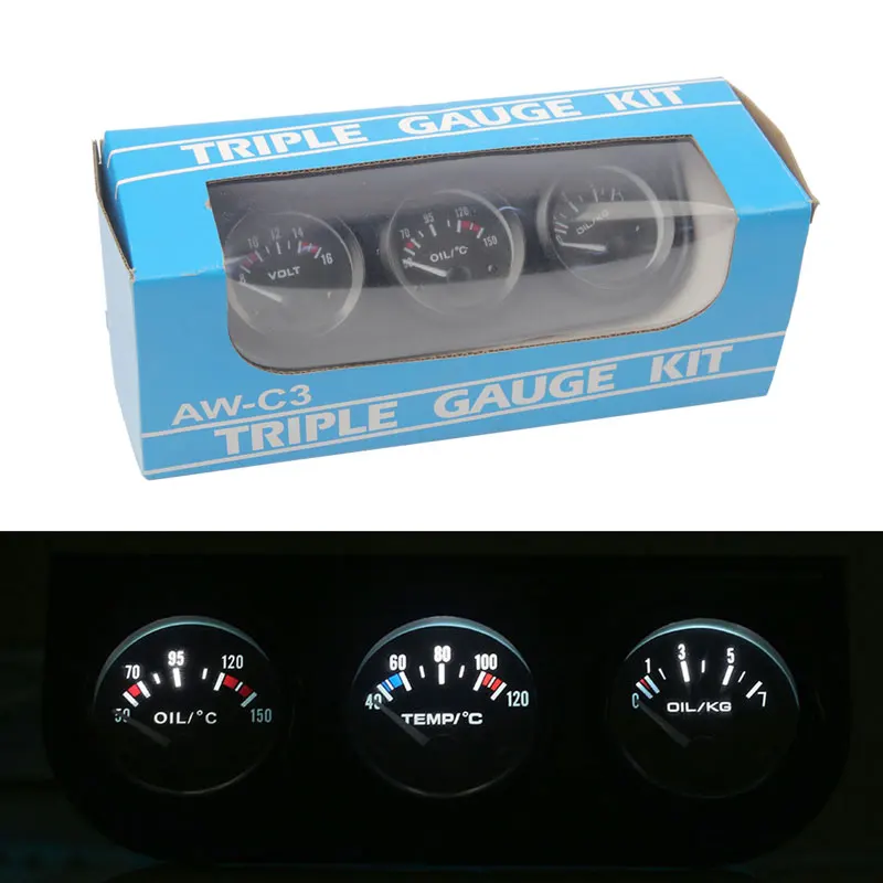 

52MM 3In1 Volt meter + water temp gauge + Oil Pressure Gauge Kit Volt meter Or Oil Temperature Gauge Triple Mete Modification