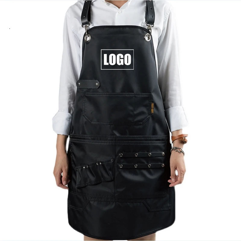 

Custom Logo Waterproof Bibs Coffee Shop Hairdresser Slit Overall Chef Adjustable Beauty Nail Salon Barber Leather Straps Apron