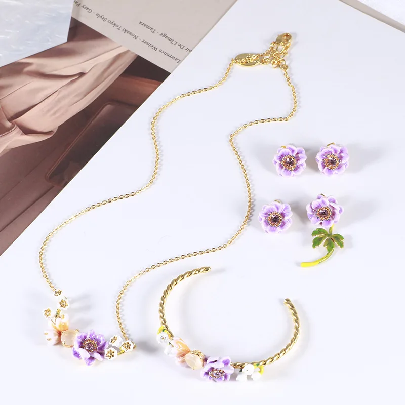 Wholesale Jewelry Enamel Colored Glaze Sparkling Diamonds Purple Flowers Lotus Green Leaves Asymmetrical Sweet Earrings Necklace