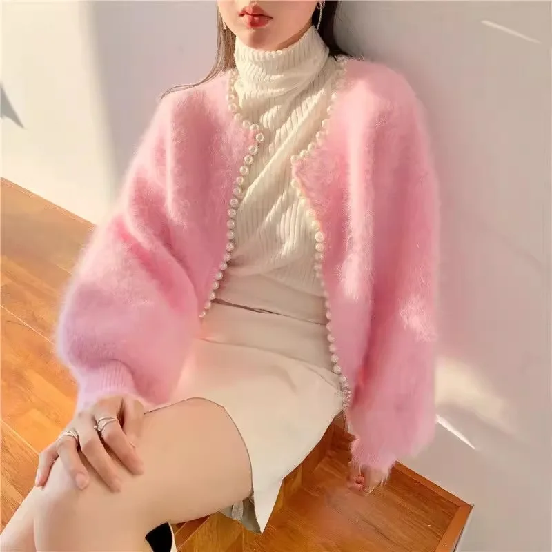 여성용 빈티지 진주 밍크 캐시미어 스웨터 재킷, 가을 패션, 두꺼운 니트 가디건, 템퍼러먼트 긴팔 니트웨어 T660
