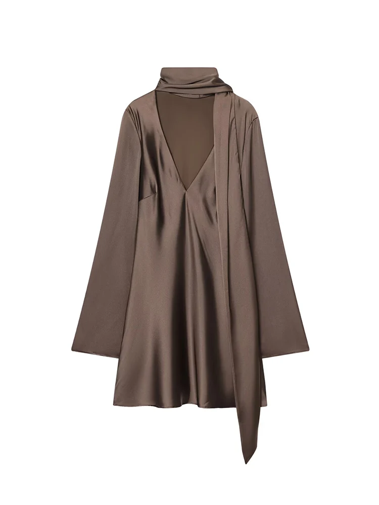 New Women's Scarf Collar Party Dress Solid V Neck Flare Long Sleeve Mini Dress Summer Satin Elegant Chic Ladies Fashion Dress