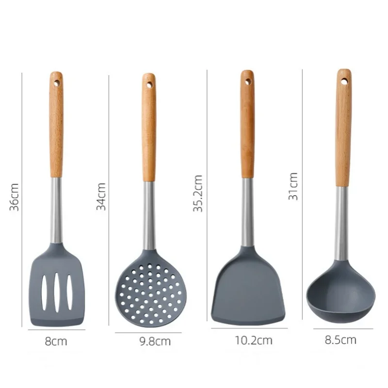 4Pcs/Set Silicone Cooking Utensil Spoon and Spatula Heat Resistant Non Stick Cookware with Wooden Handle Kitchen Baking Tools