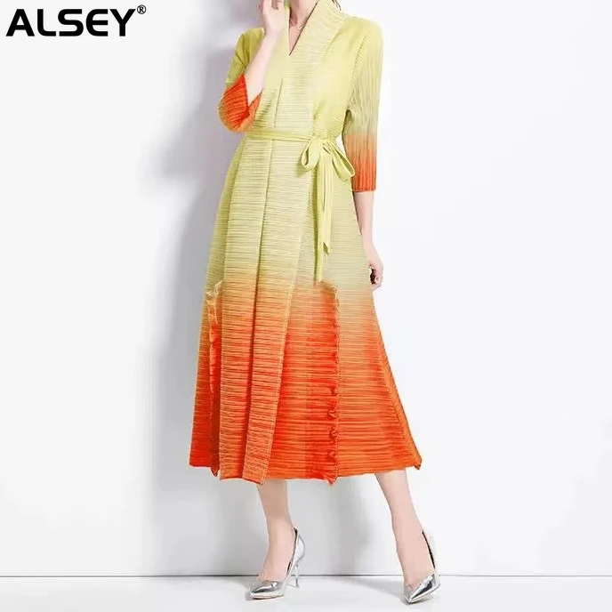 

ALSEY Women's Pleated Dress Clashing Gradient Color With Belt Long Sleeve Midi Elegant Women's Party Dress 2023 SpringSummer New