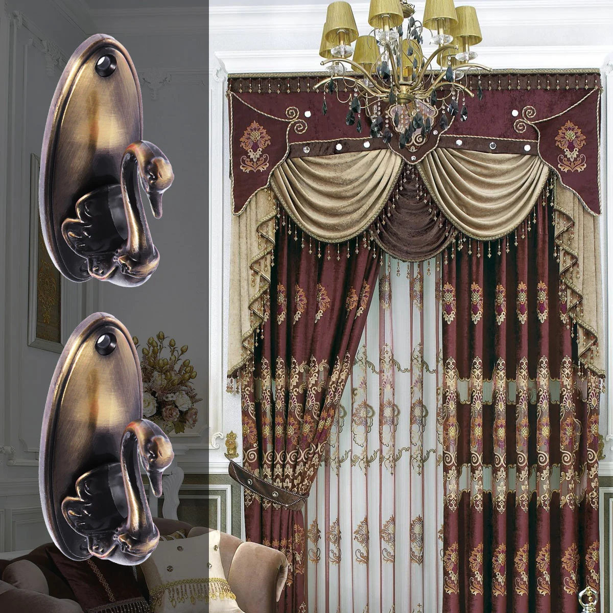 

Colors Pair of Swan Style Drapery Curtain Holdbacks Tieback Hooks